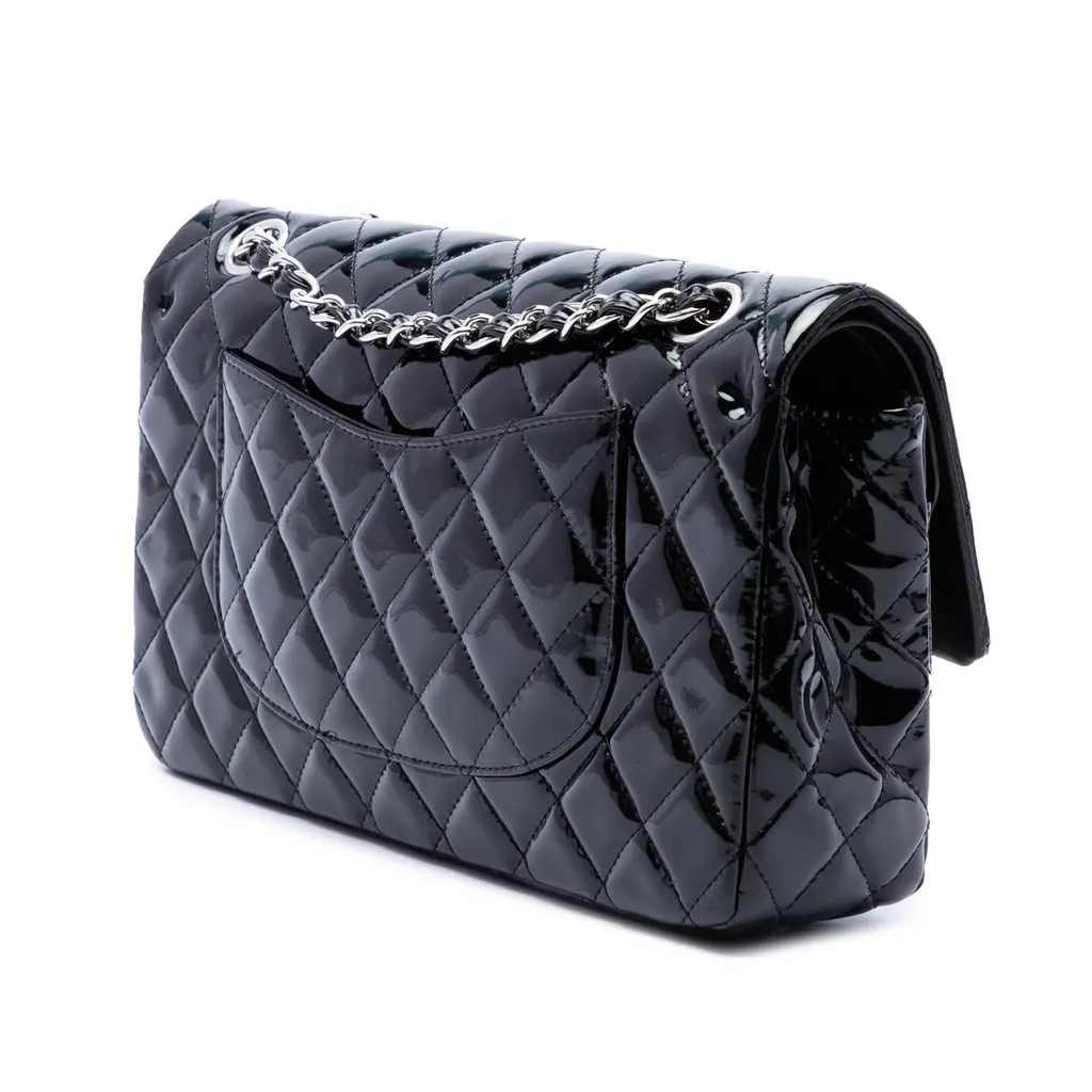 Chanel Medium Classic Patent Double Flap Black Leather Very good - Back View