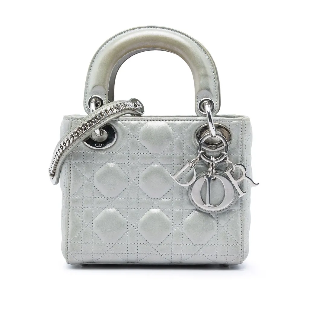 Dior Mini Iridescent Lambskin Cannage Lady Dior Silver Leather Very good - Front View