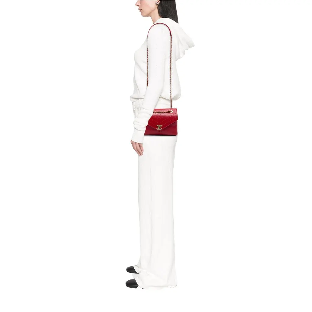 Chanel Small Chevron Lambskin Stitched Envelope Flap Red Leather Very good - Box View