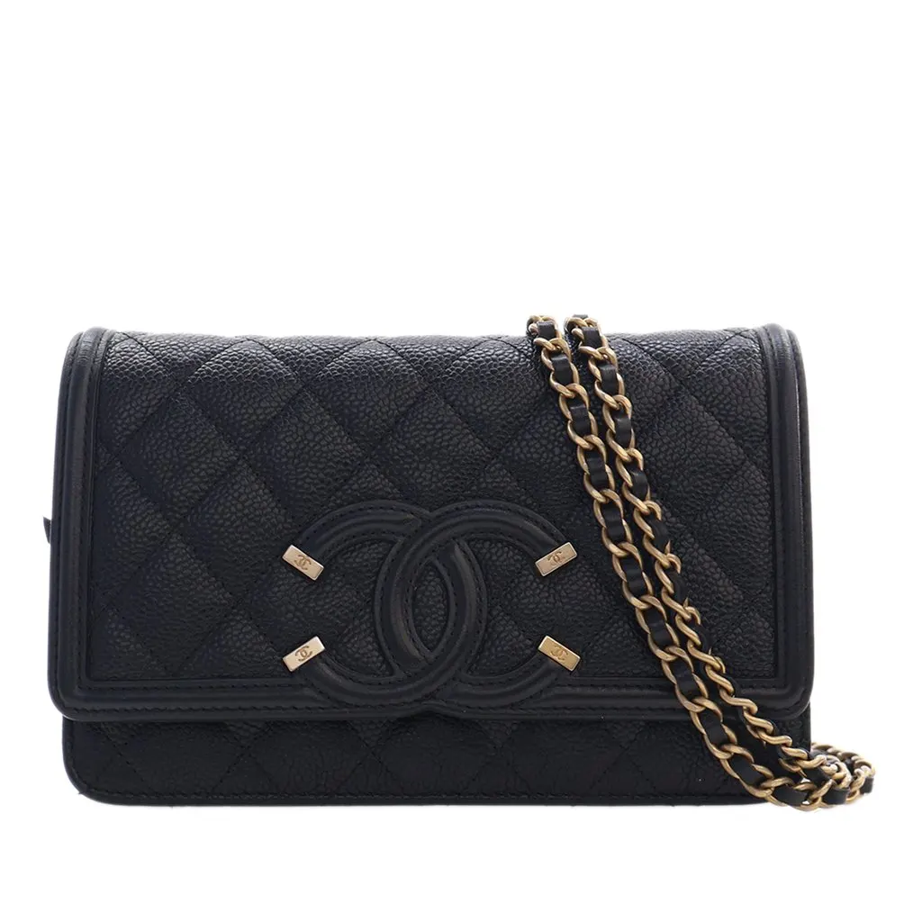 Chanel Caviar CC Filigree Wallet On Chain Black Leather Very good - Front View