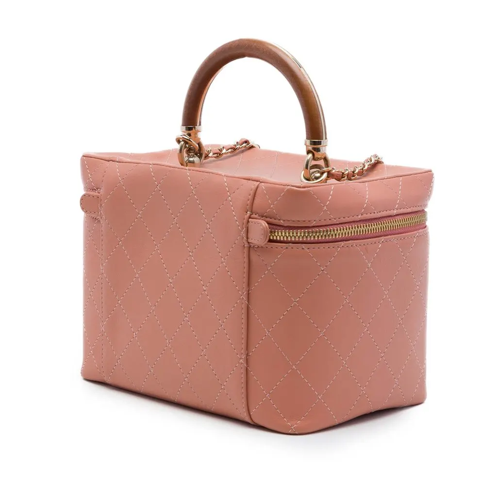 Chanel Large Quilted Lambskin Knock On Wood Vanity Case Brown Leather Very good - Back View