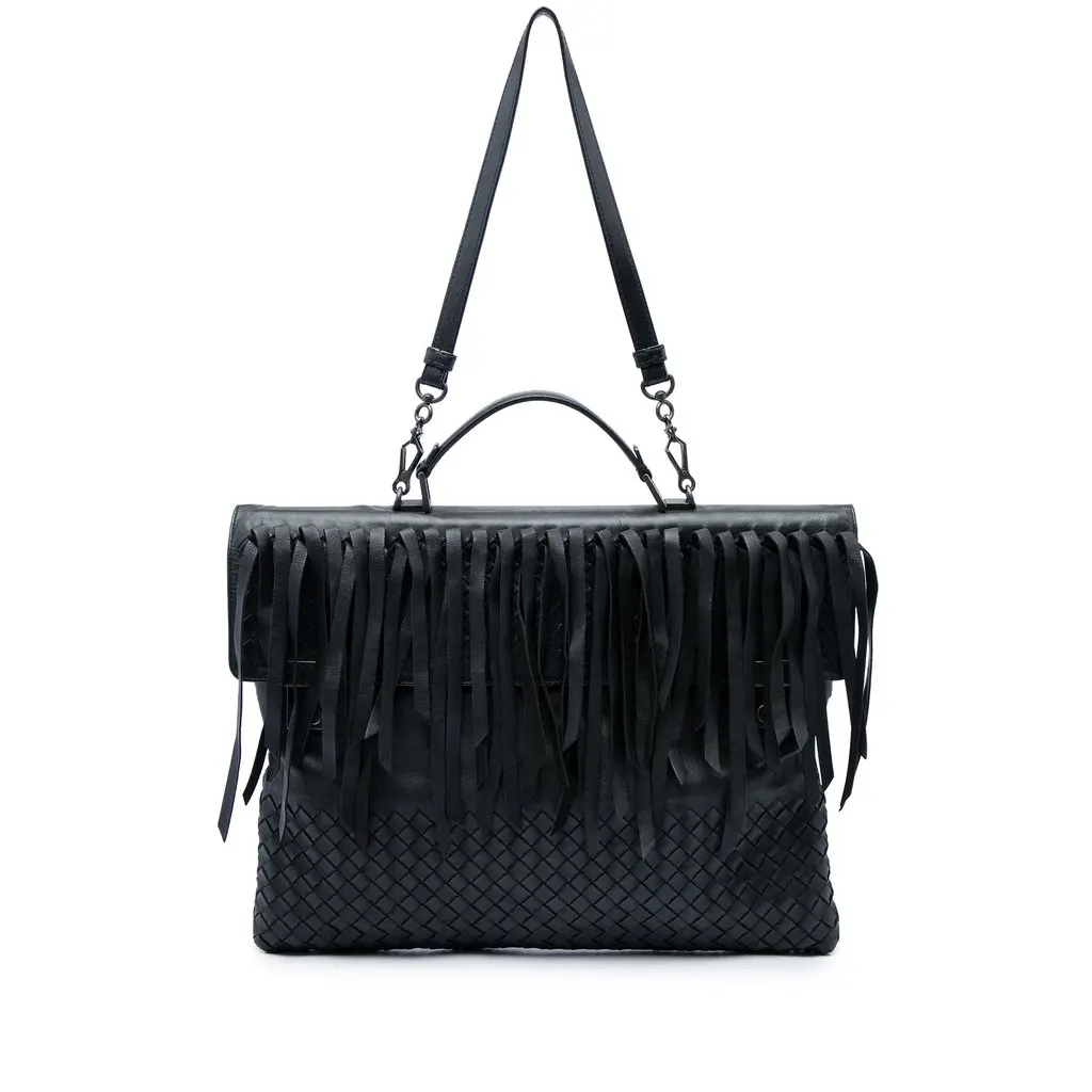 Bottega Veneta Nappa Intrecciato Fringe Business Bag Black Leather Good - Front View