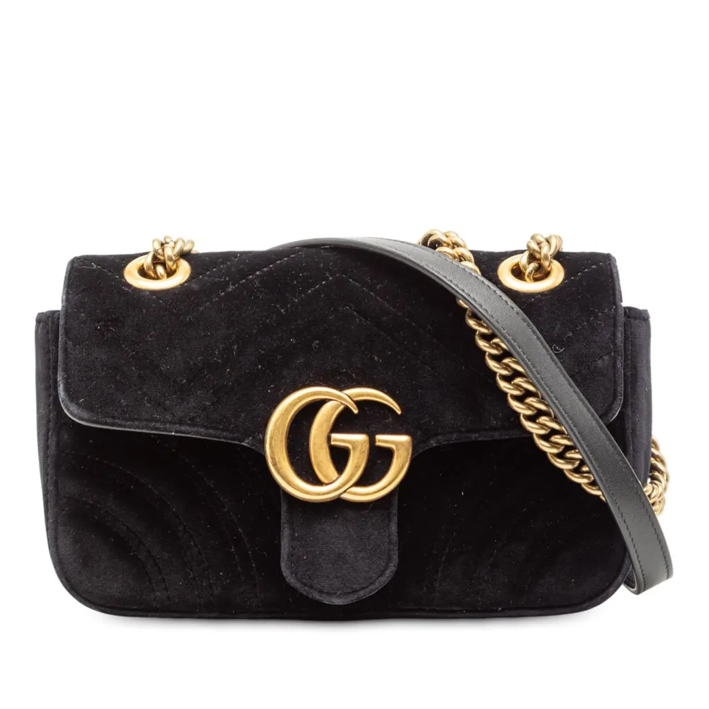 Gucci Small GG Marmont Matelasse Velvet Shoulder Bag Black Velvet Very good - Front View