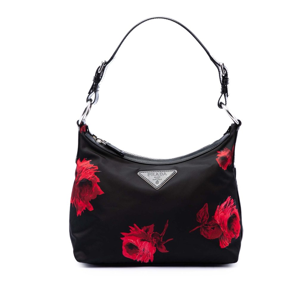 Prada Tessuto Stampato Rose Shoulder Bag Black Large