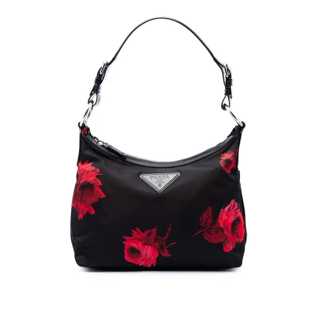 Prada Tessuto Stampato Rose Shoulder Bag Black Very good - Front View