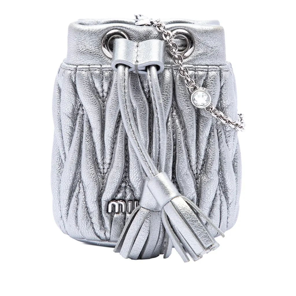 Miu Miu Mini Metallic Matelasse Nappa Crystal Chain Bucket Bag Silver Leather Very good - Front View