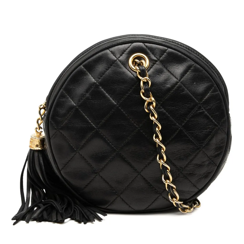 Chanel Quilted Lambskin Tassel Round Clutch with Chain Black Leather Good - Front View