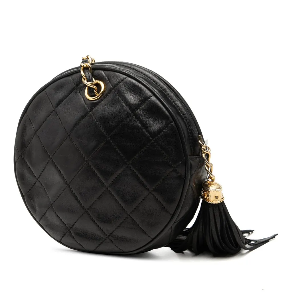 Chanel Quilted Lambskin Tassel Round Clutch with Chain Black Leather Good - Back View