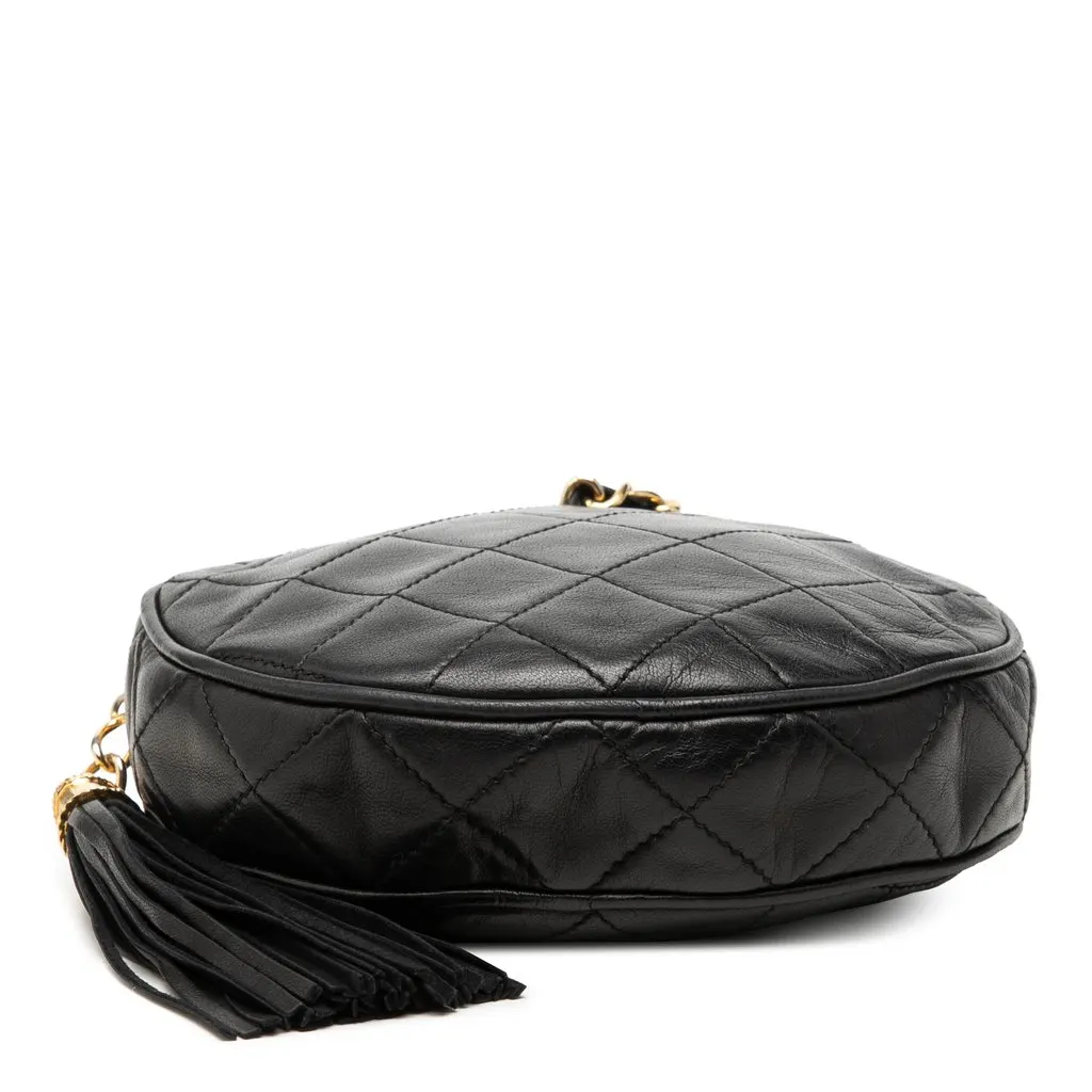 Chanel Quilted Lambskin Tassel Round Clutch with Chain Black Leather Good - Inside View