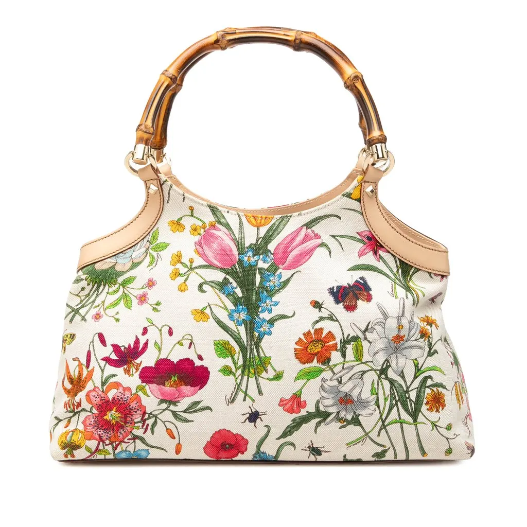 Gucci Flora Canvas Bamboo Handbag White Very good - Front View