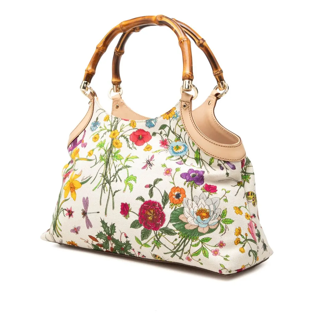Gucci Flora Canvas Bamboo Handbag White Very good - Back View