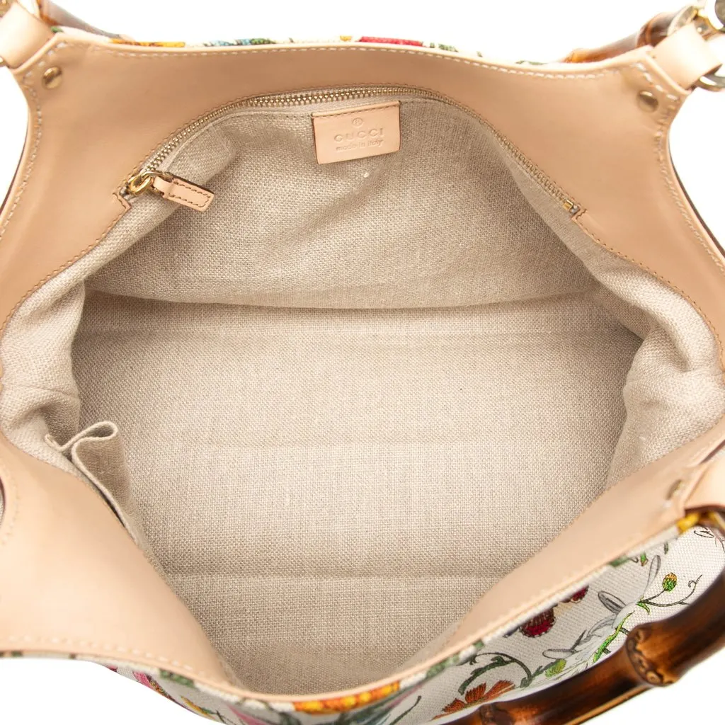 Gucci Flora Canvas Bamboo Handbag White Very good - Model View
