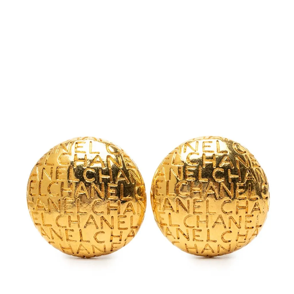Chanel Gold Plated Logo Engraved Clip On Earrings Gold Metal Very good - Front View