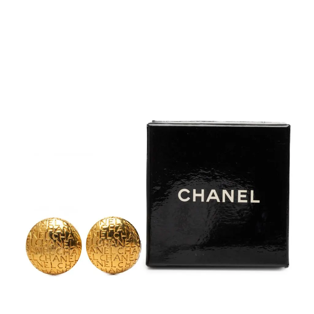 Chanel Gold Plated Logo Engraved Clip On Earrings Gold Metal Very good - Box View