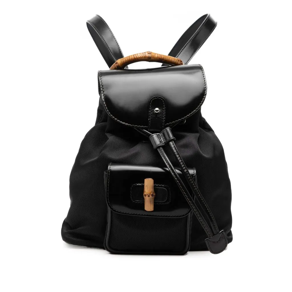 Gucci Nylon and Patent Bamboo Drawstring Backpack Black Very good - Front View