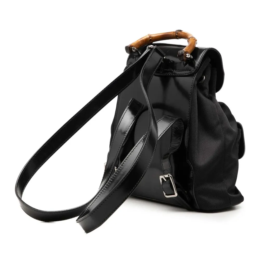 Gucci Nylon and Patent Bamboo Drawstring Backpack Black Very good - Back View