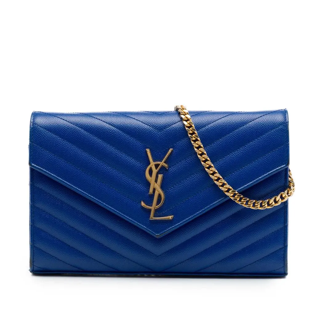 Saint Laurent Grain De Poudre Chevron Monogram Envelope Chain Wallet Blue Leather Good - Front View