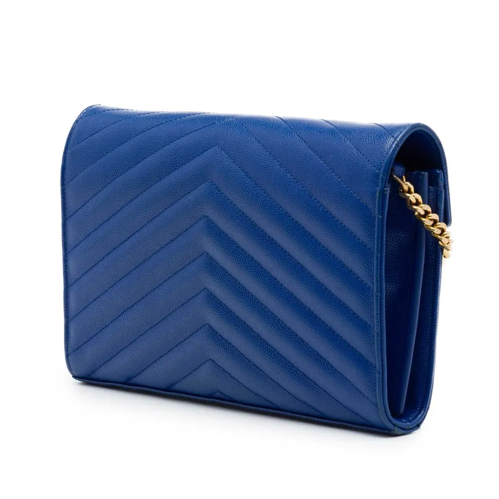 Saint Laurent Grain De Poudre Chevron Monogram Envelope Chain Wallet Blue Leather Very good - Back View