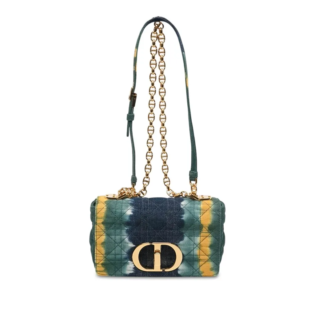 Dior Small Denim Cannage Tie Dye Caro Bag Green Denim Good - Front View