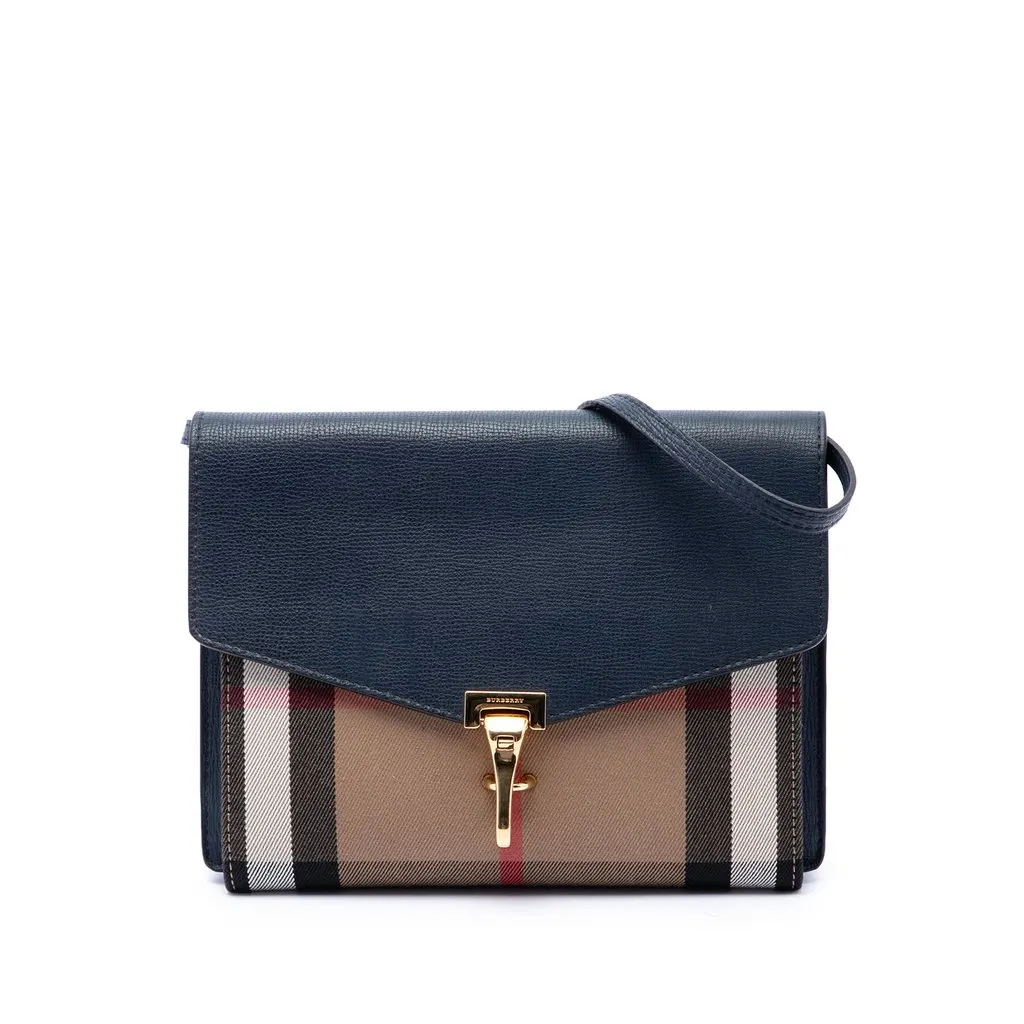 Burberry Small Leather and House Check Canvas Derby Macken Crossbody Blue Leather Good - Front View