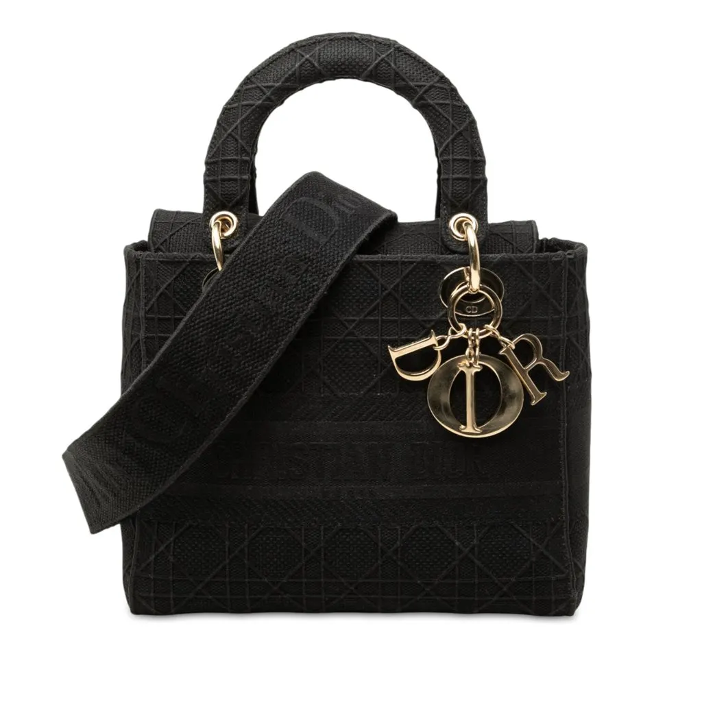 Dior Medium Embroidered Canvas Cannage Lady D Lite Black Canvas Very good - Front View