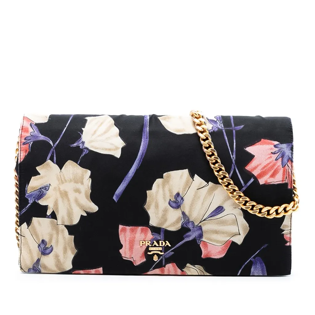 Prada Tessuto Floral Print Chain Crossbody Black Very good - Front View