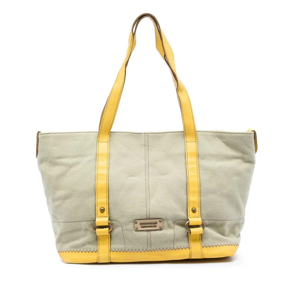 Burberry Leather Trimmed Canvas Tote Beige Very good - Front View