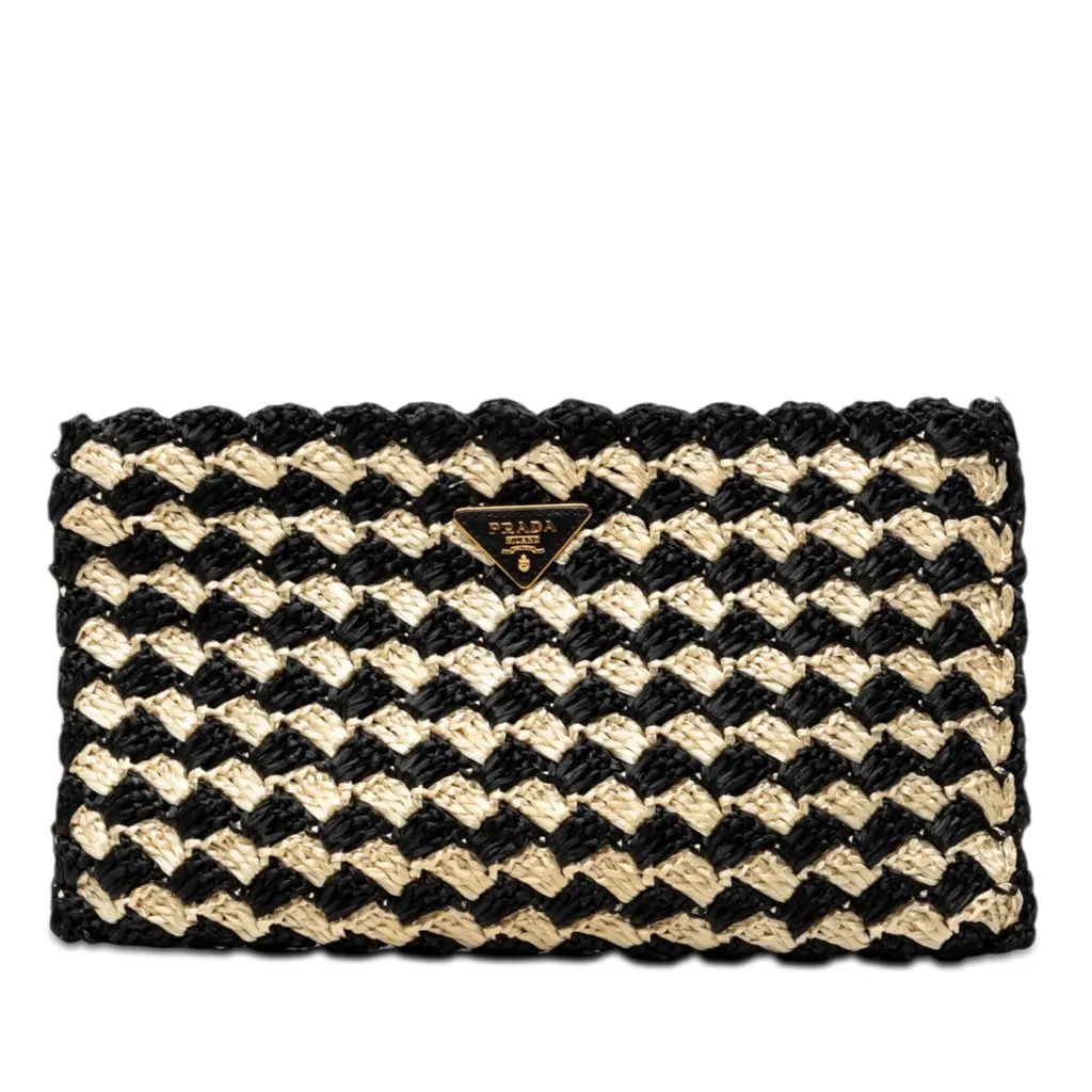 Prada Raffia Crochet Clutch Black Very good - Front View