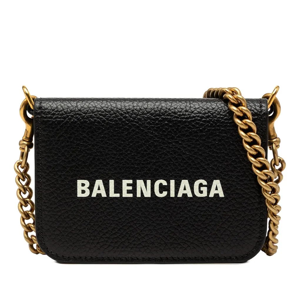 Balenciaga Mini Grained Calfskin Logo Cash Wallet On Chain Black Leather Very good - Front View