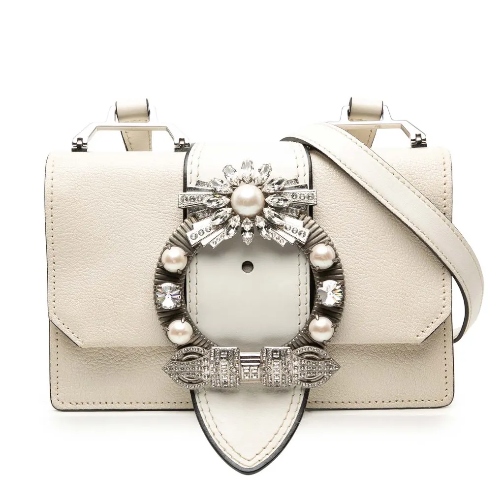 Miu Miu Goatskin Madras Soft Calf Crystal Embellished Crossbody White Leather Very good - Front View