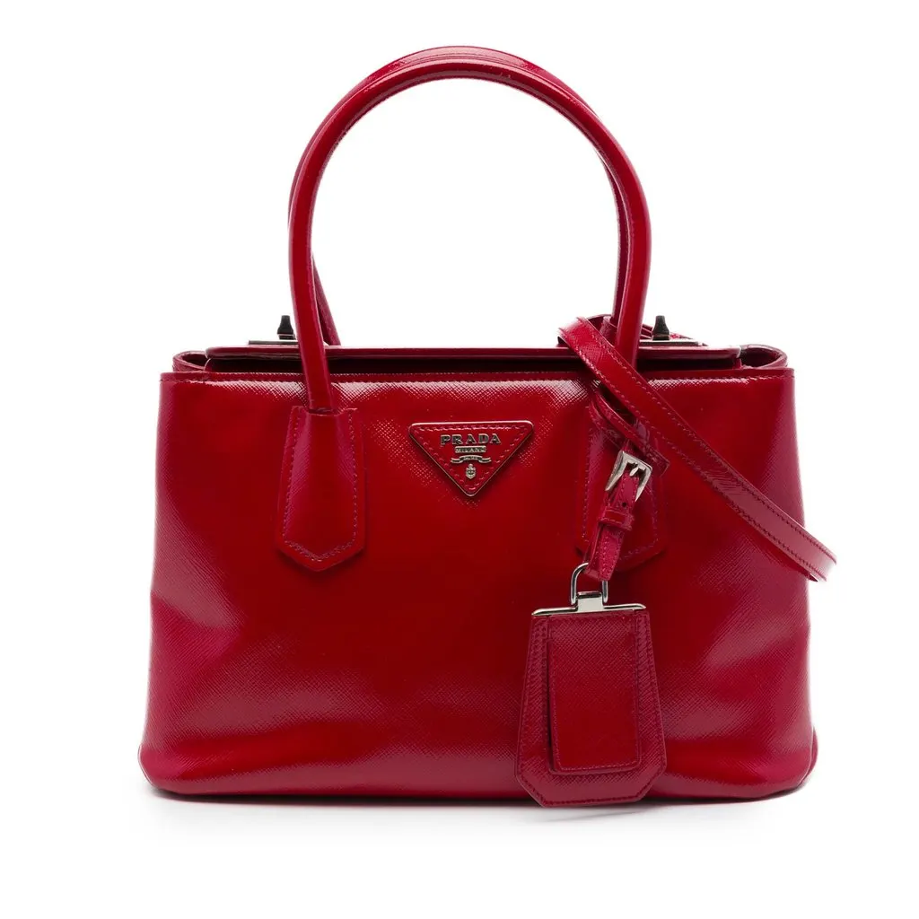 Prada Small Saffiano Vernice Turnlock Twin Satchel Red Leather Good - Front View