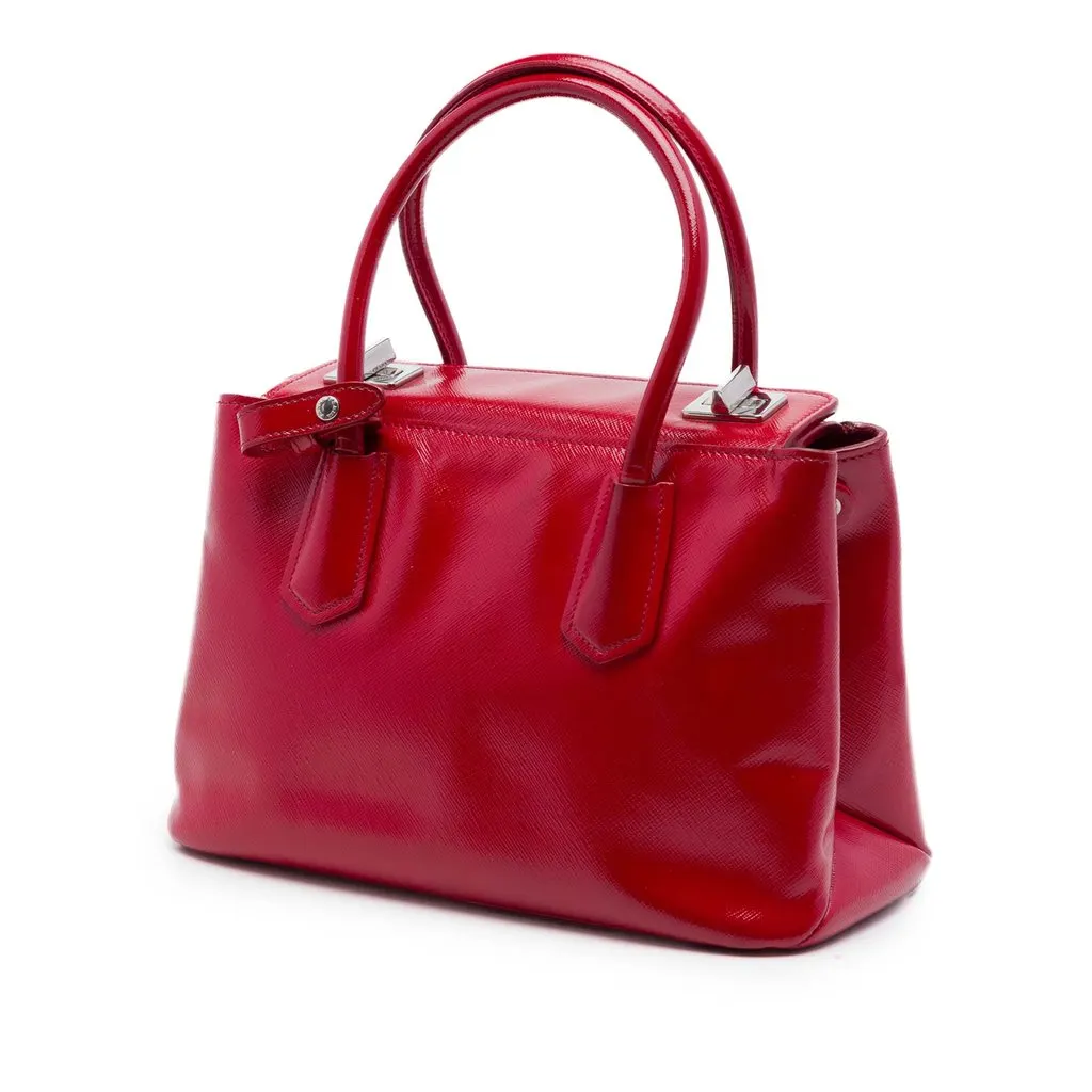 Prada Small Saffiano Vernice Turnlock Twin Satchel Red Leather Good - Back View