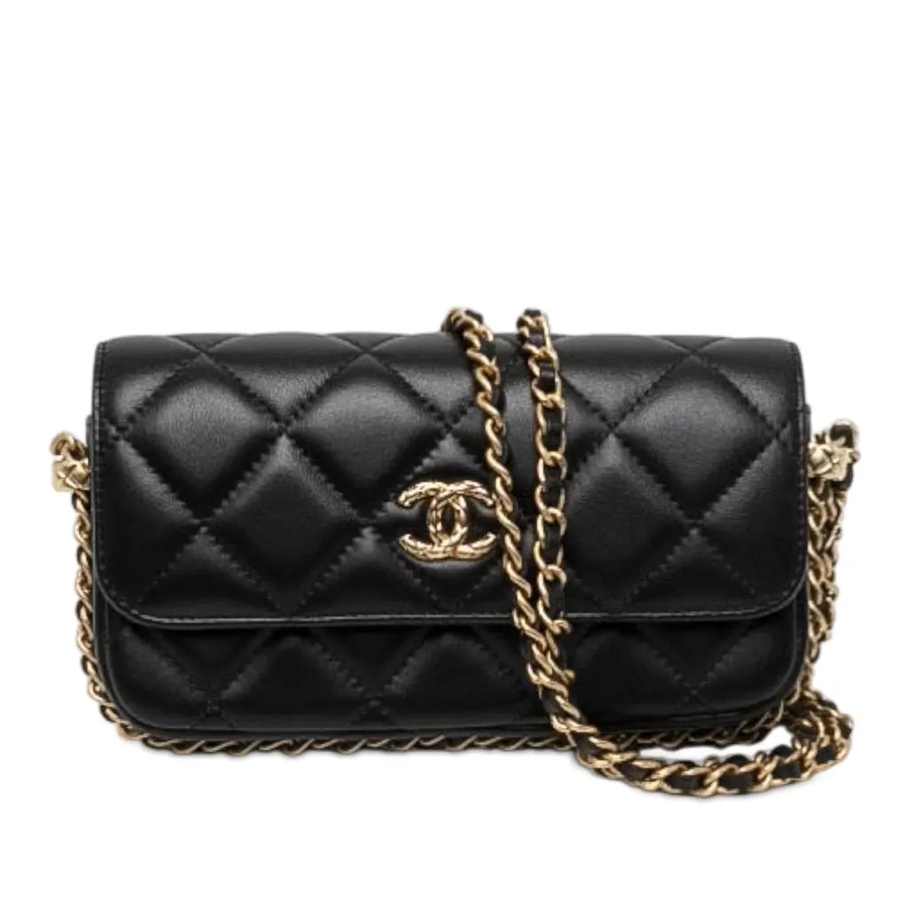 Chanel CC Quilted Lambskin Flap Phone Holder with Chain Black Leather Very good - Front View