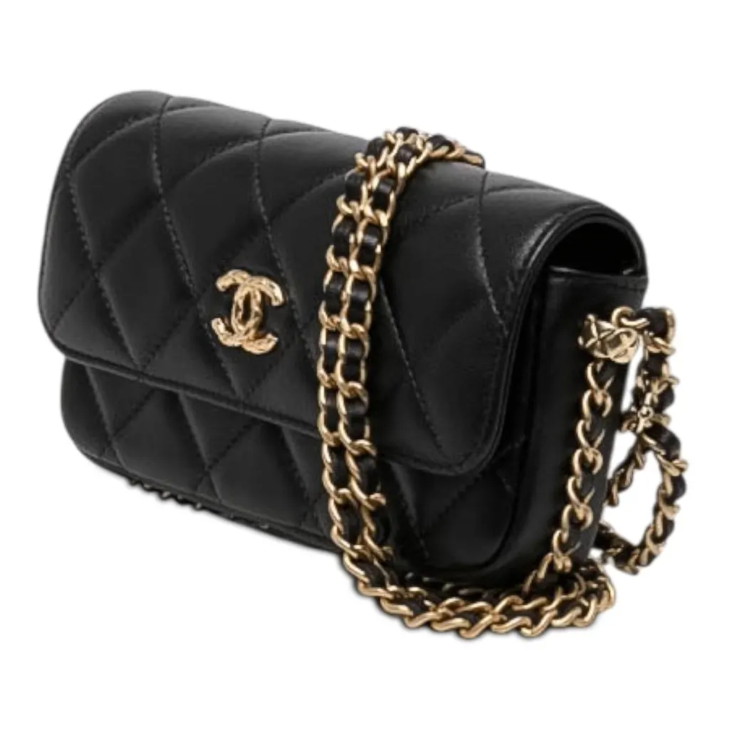 Chanel CC Quilted Lambskin Flap Phone Holder with Chain Black Leather Very good - Back View