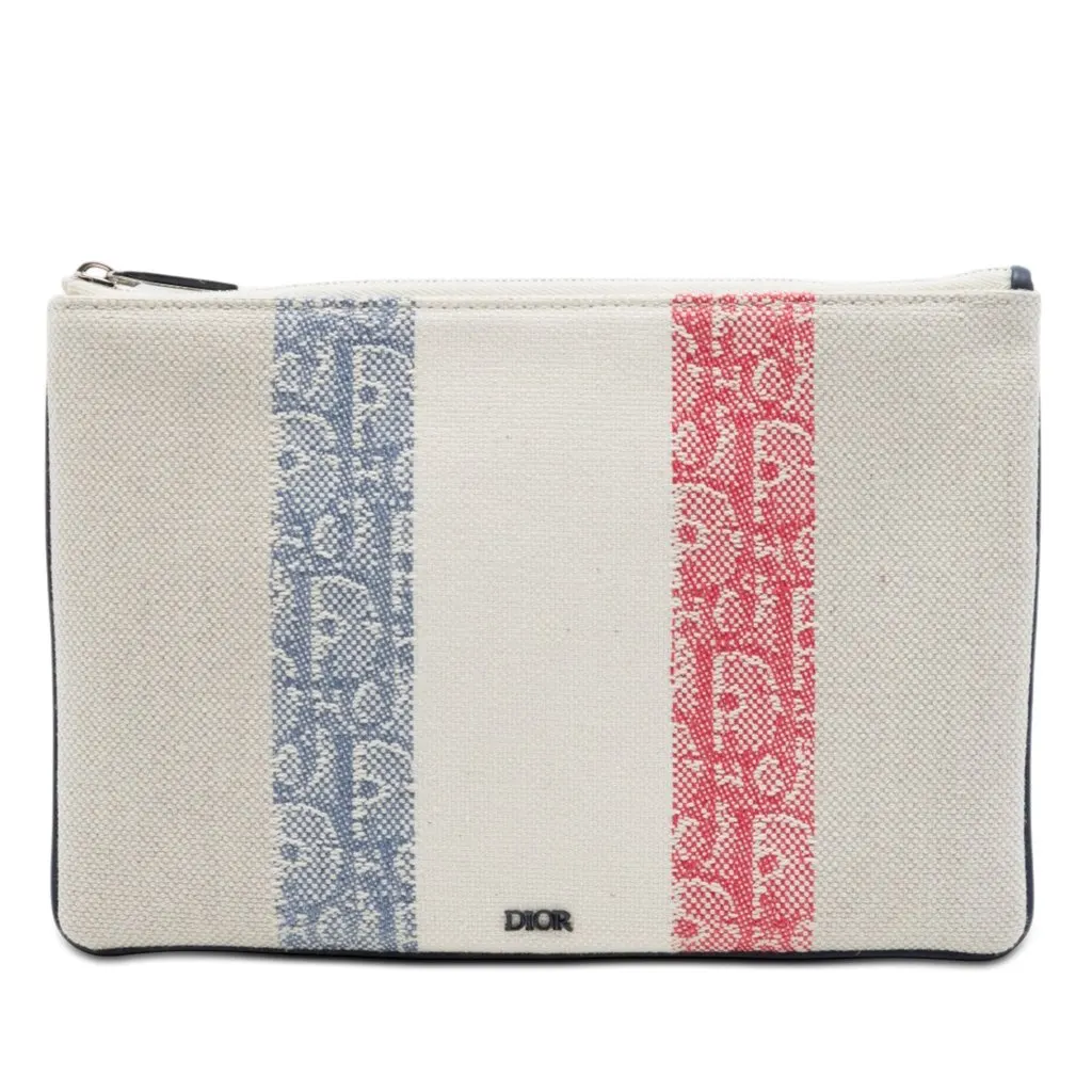 Dior Tricolor Oblique Canvas Stripe Zip Pouch Beige Canvas Very good - Front View