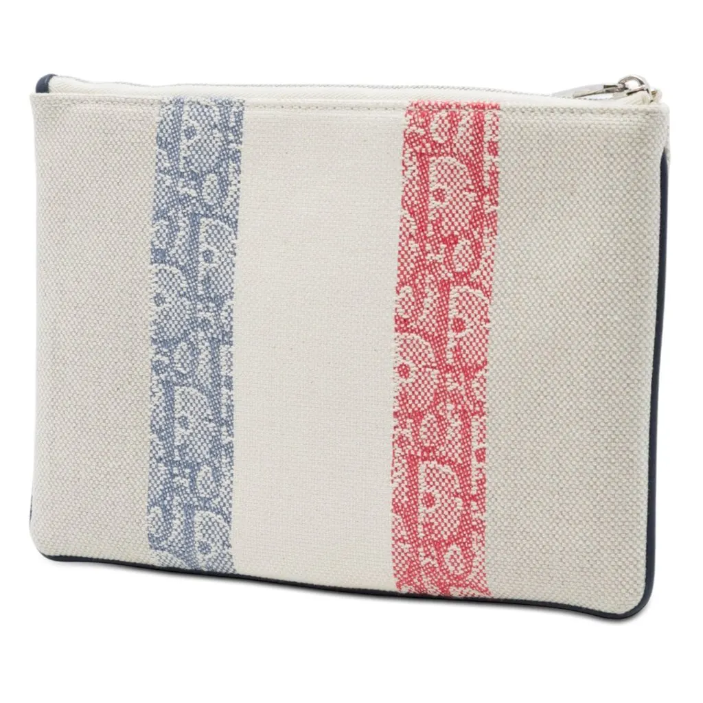 Dior Tricolor Oblique Canvas Stripe Zip Pouch Beige Canvas Very good - Back View