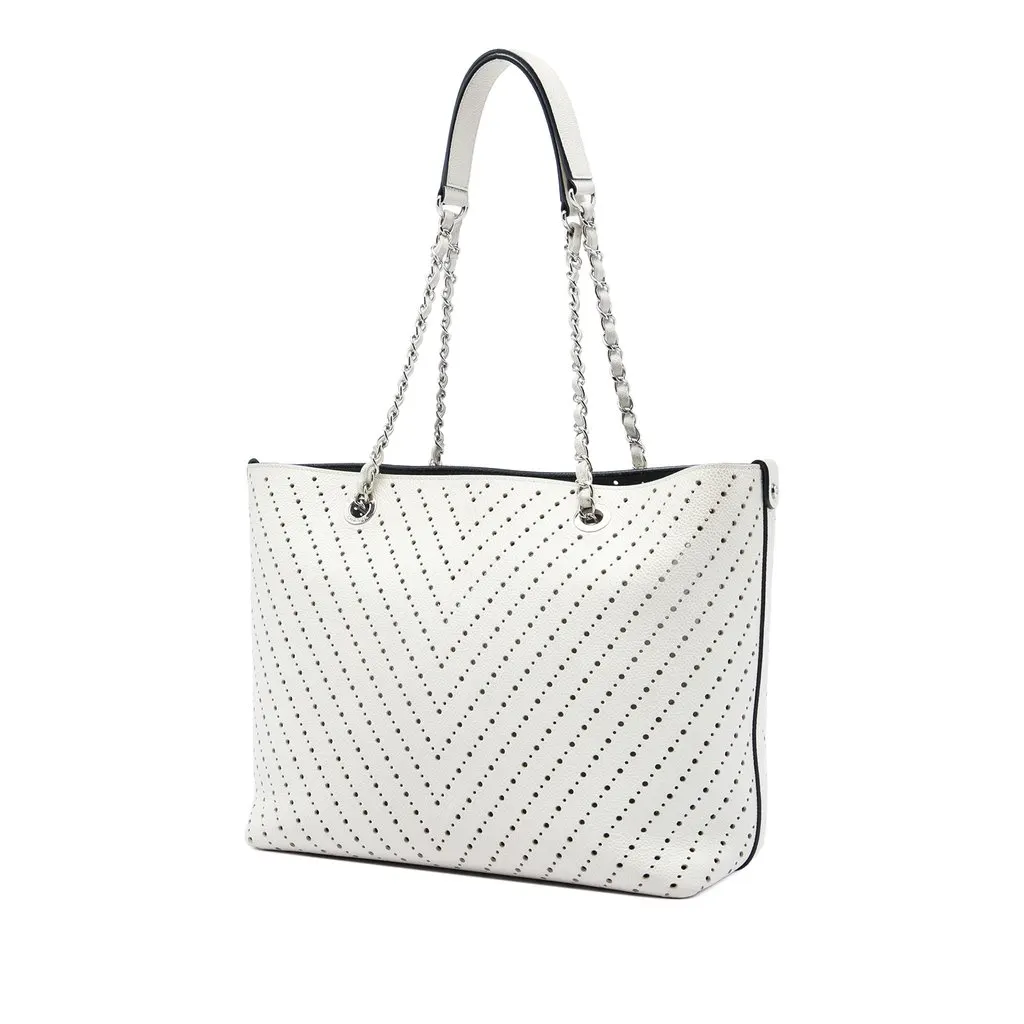 Chanel CC Perforated Chevron Caviar Shopping Tote White Leather Very good - Back View
