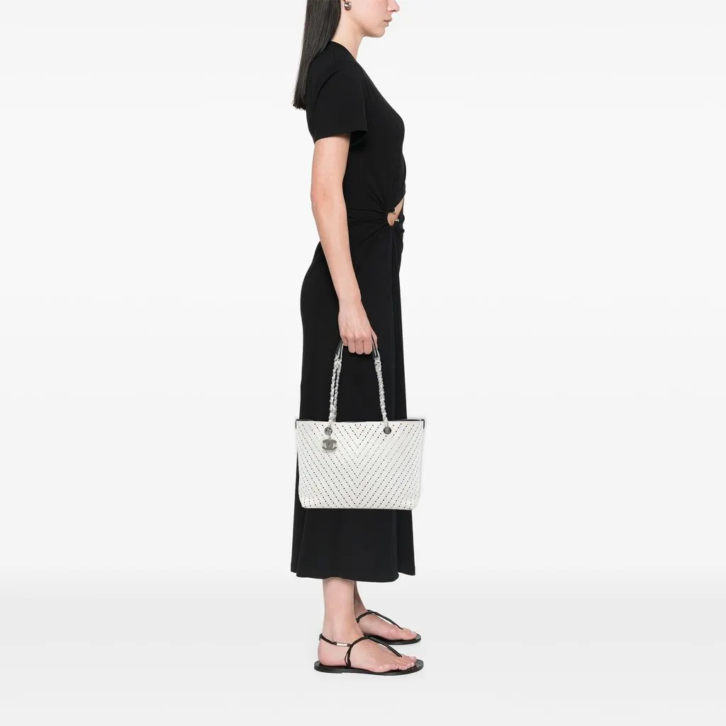 Chanel CC Perforated Chevron Caviar Shopping Tote White Leather Very good - Box View