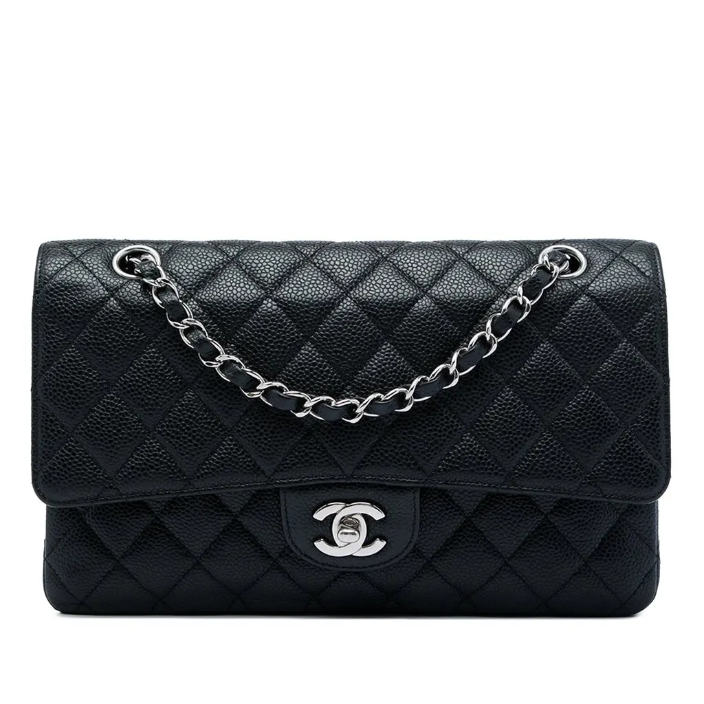 Chanel Medium Classic Caviar Double Flap Black Leather Good - Front View