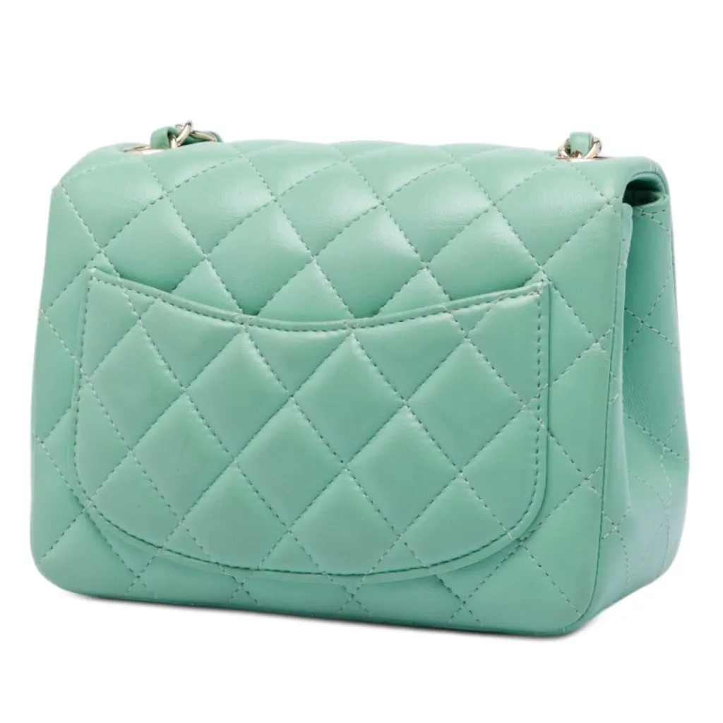 Chanel Mini Square Classic Lambskin Single Flap Green Leather Very good - Back View