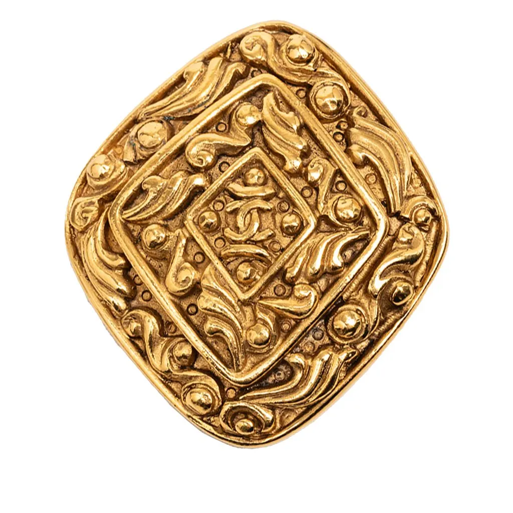 Chanel CC Gold Plated Rhombus Brooch Gold Metal Very good - Front View
