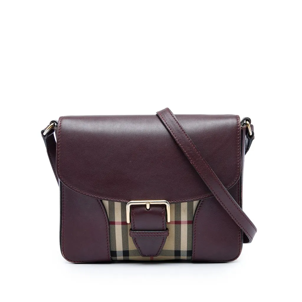 Burberry Small Haymarket Check Nylon and Leather Dickens Crossbody Red Leather Good - Front View