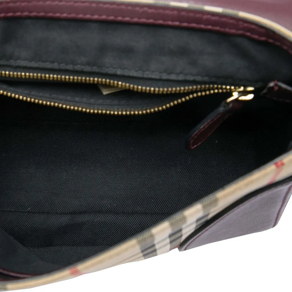 Burberry Small Haymarket Check Nylon and Leather Dickens Crossbody Red Leather Good - Model View