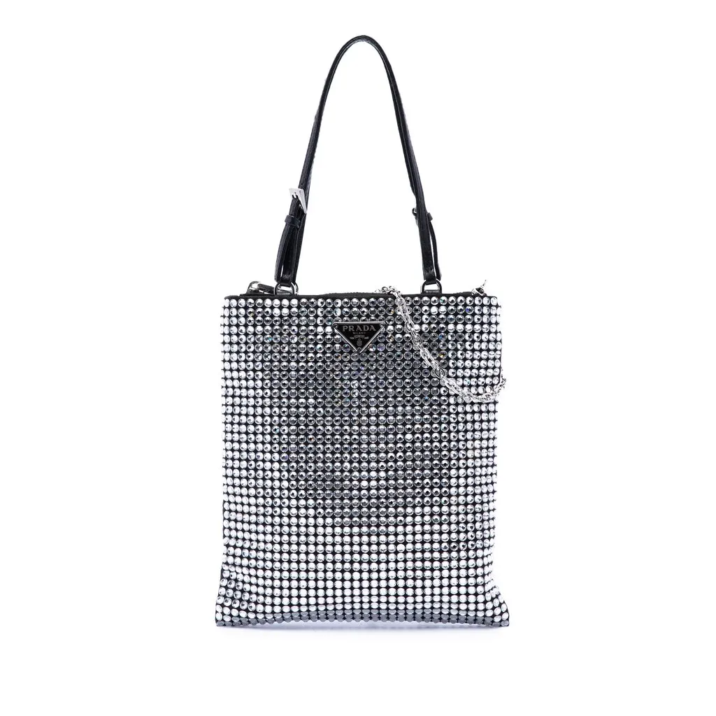 Prada Satin Crystal Embellished Chain Flat Tote Black Good - Front View