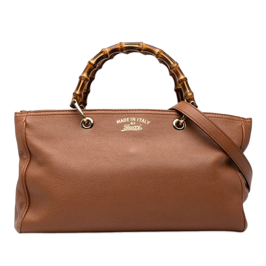 Gucci Medium Calfskin Bamboo Shopper Satchel Brown Leather Good - Front View