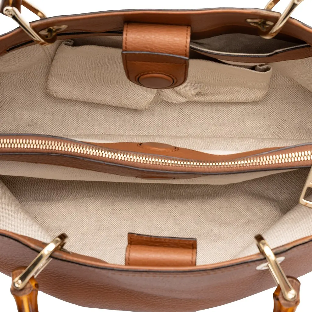 Gucci Medium Calfskin Bamboo Shopper Satchel Brown Leather Good - Model View