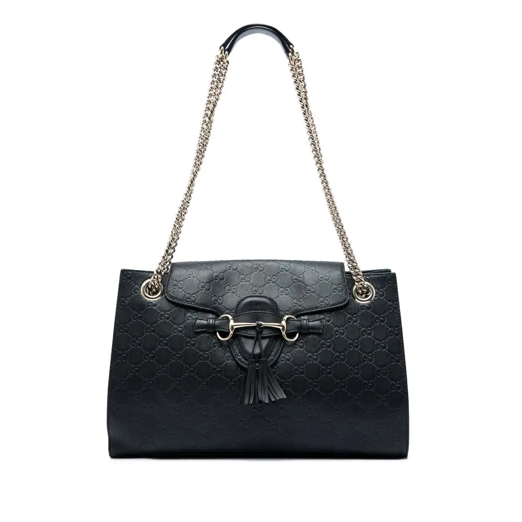 Gucci Large Guccissima Emily Shoulder Bag Black Leather Good - Front View