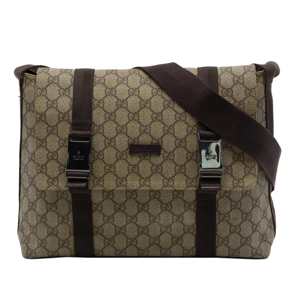 Gucci Large GG Supreme Double Buckle Flap Messenger Bag