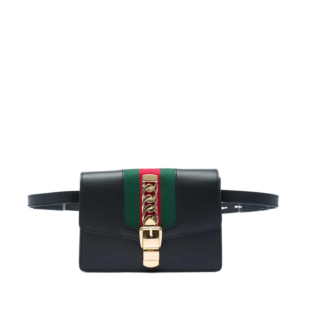 Gucci Calfskin Web Sylvie Belt Bag Black Leather Very good - Front View