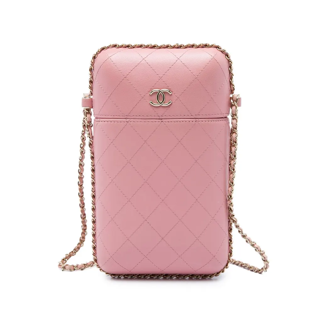 Chanel CC Quilted Lambskin Chain Around Phone Holder Pink Leather Very good - Front View